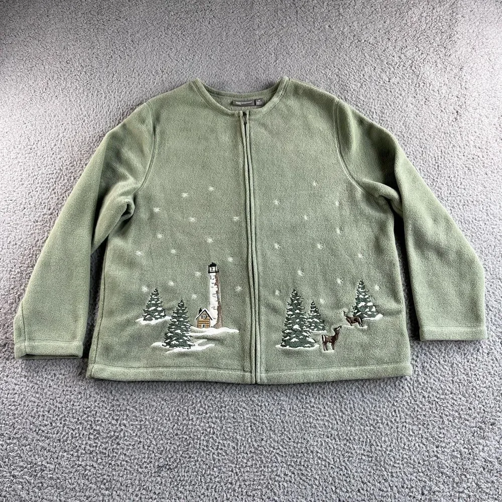 NEW Vintage Croft & Barrow Jacket Womens Plus Size 1X Green Fleece Zip Christmas
